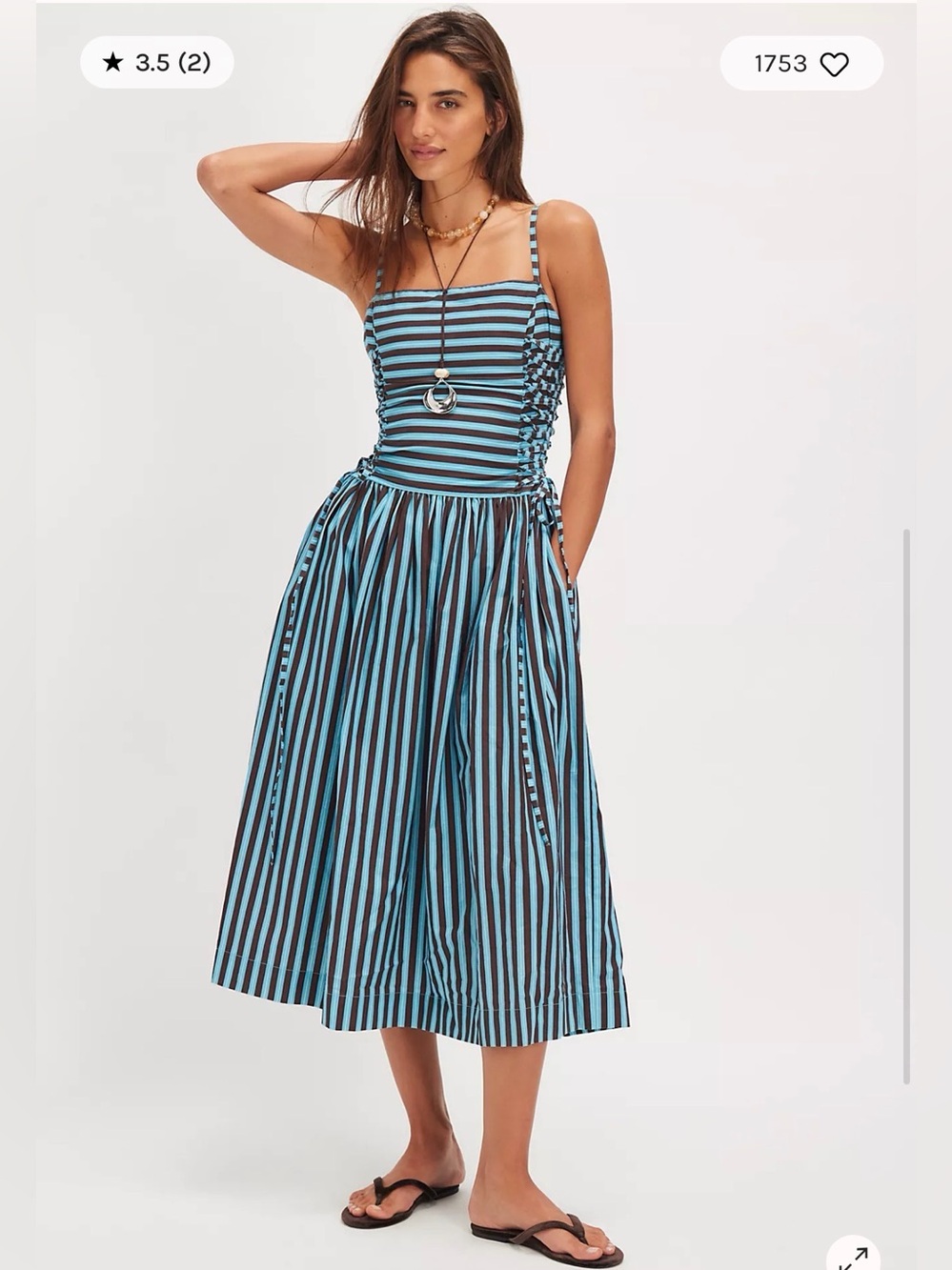 Damson Madder Angelina Striped Blue Brown Midi Dress Spaghetti Straps Organic 12